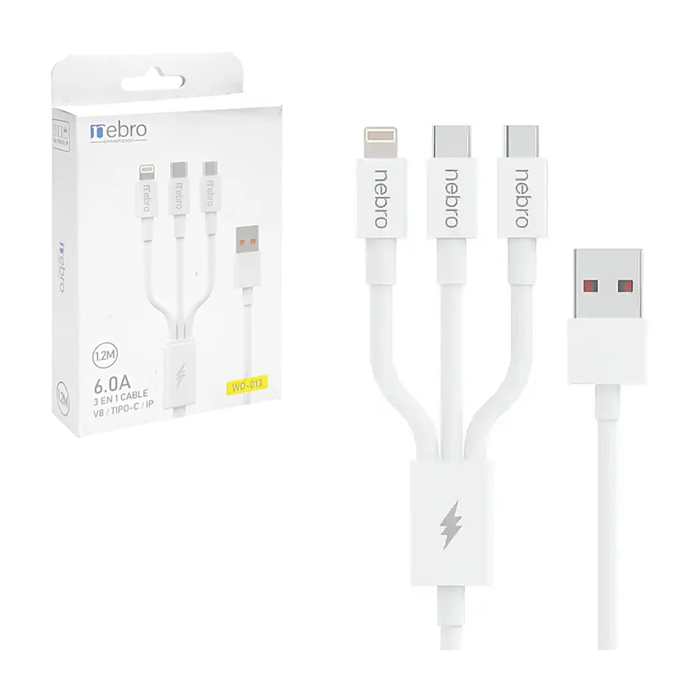 Cable cargador 3 en 1, de 1.2 metros con entradas v8, tipo c y lightn…