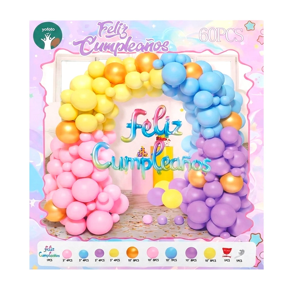 Paquete de 60 globos, tonos pastel y globo feliz cumpleaños multicolor