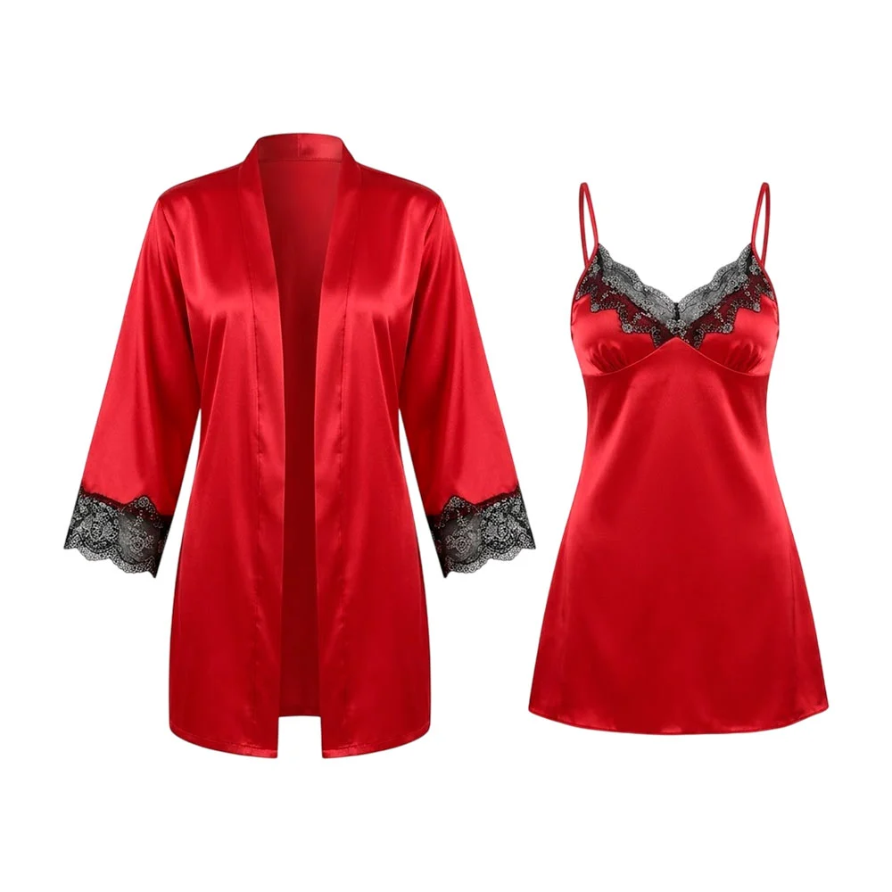 Set 2pzas camisón de tirantes, bata para dormir y listón de satín dis…
