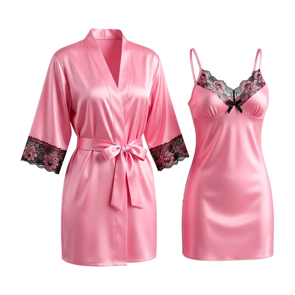 Set 2pzas camisón de tirantes + bata para dormir diseño con encaje br…