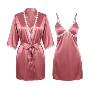 Set de 2 pzas camisón tipo lencería con tirantes y bata para dormir d…