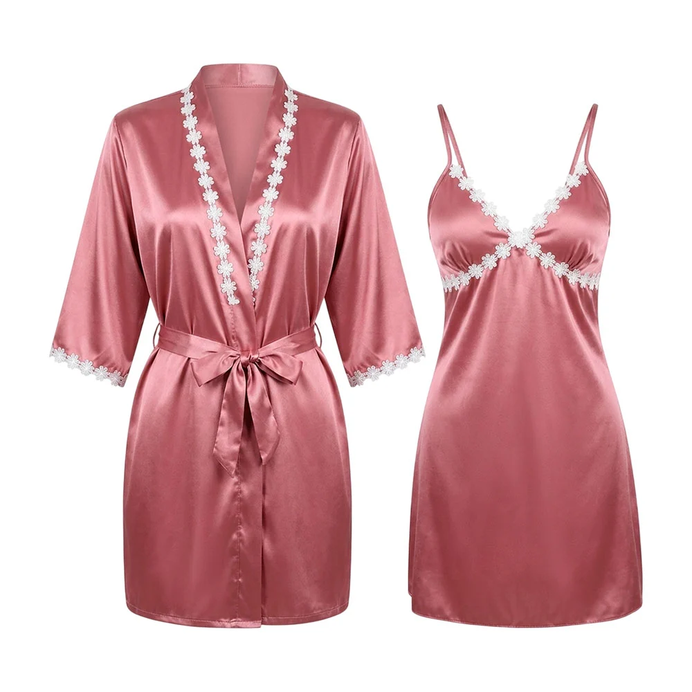 Set de 2 pzas camisón tipo lencería con tirantes y bata para dormir d…