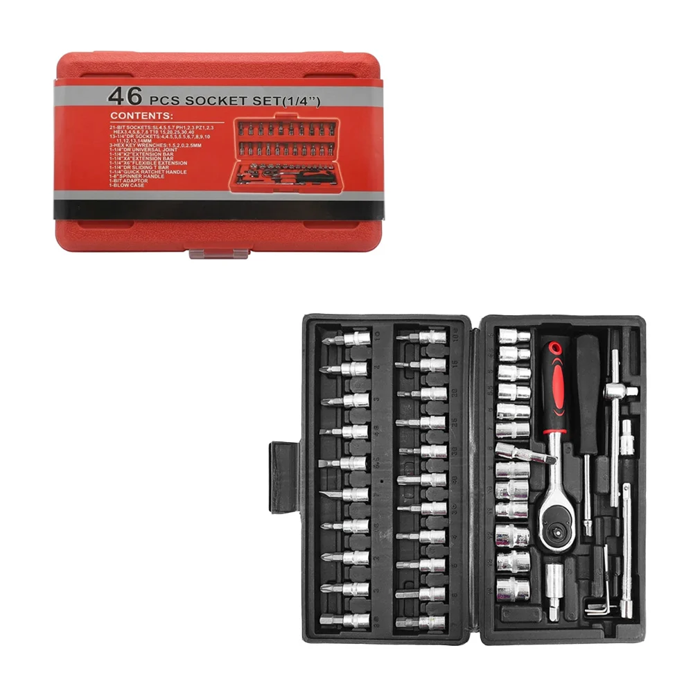 Estuche de herramienta 46 piezas con desarmador, matraca y dados inte…