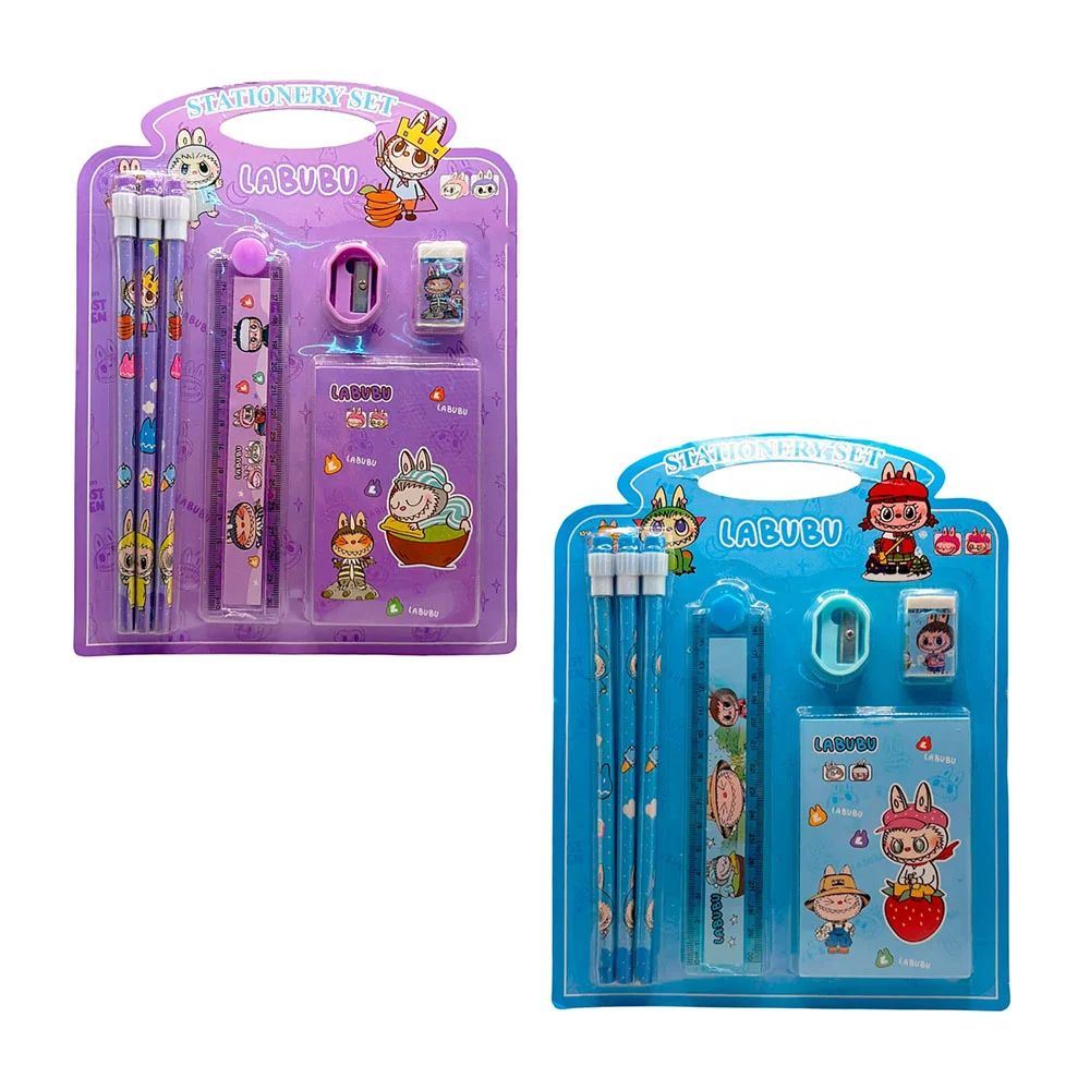 Set de papelería labubu: 3 lápices, regla, sacapuntas, borrador y lib…