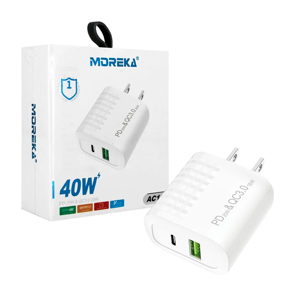 Cubo cargador moreka con puerto usb y puerto tipo-c de 40w / ac106