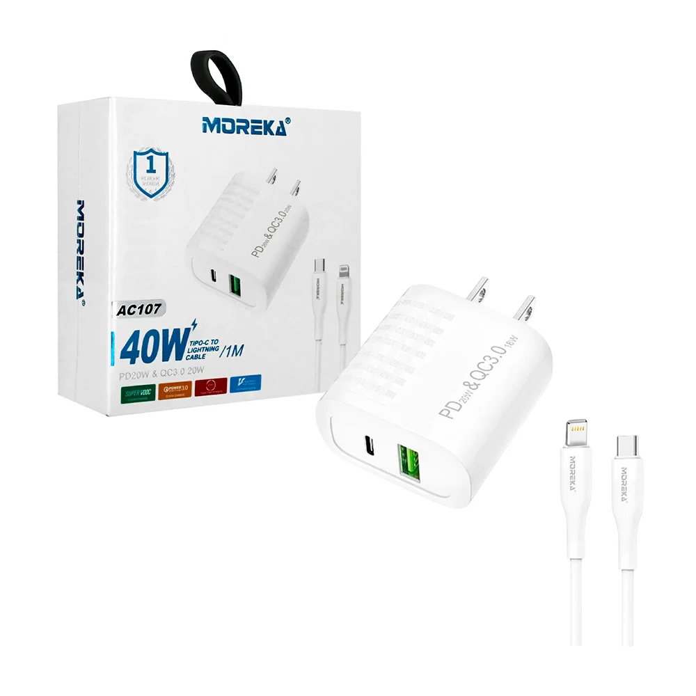 Combo cargador moreka con cable tipo-c a lighting de 1 metro para 40w…