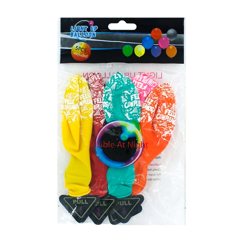 Set 5 globos de látex feliz cumpleaños con luz led, variedad de color…