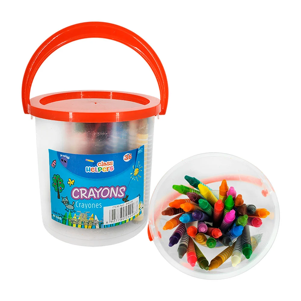 Bote con 36 crayones de 8cm y tapa con agarradera, variedad de colores