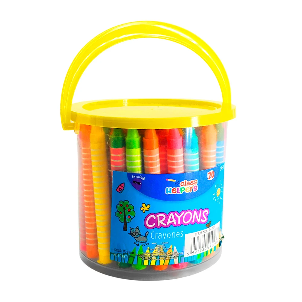 Bote con 70 crayones de 8cm y tapa con agarradera, variedad de colores