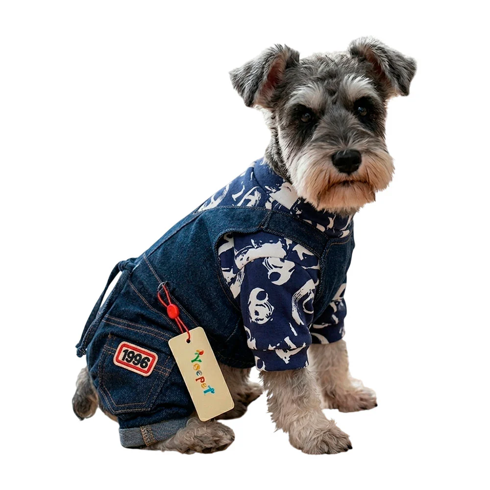 Ropa estilo overol de mezclilla con suéter para mascota talla L / bf-…