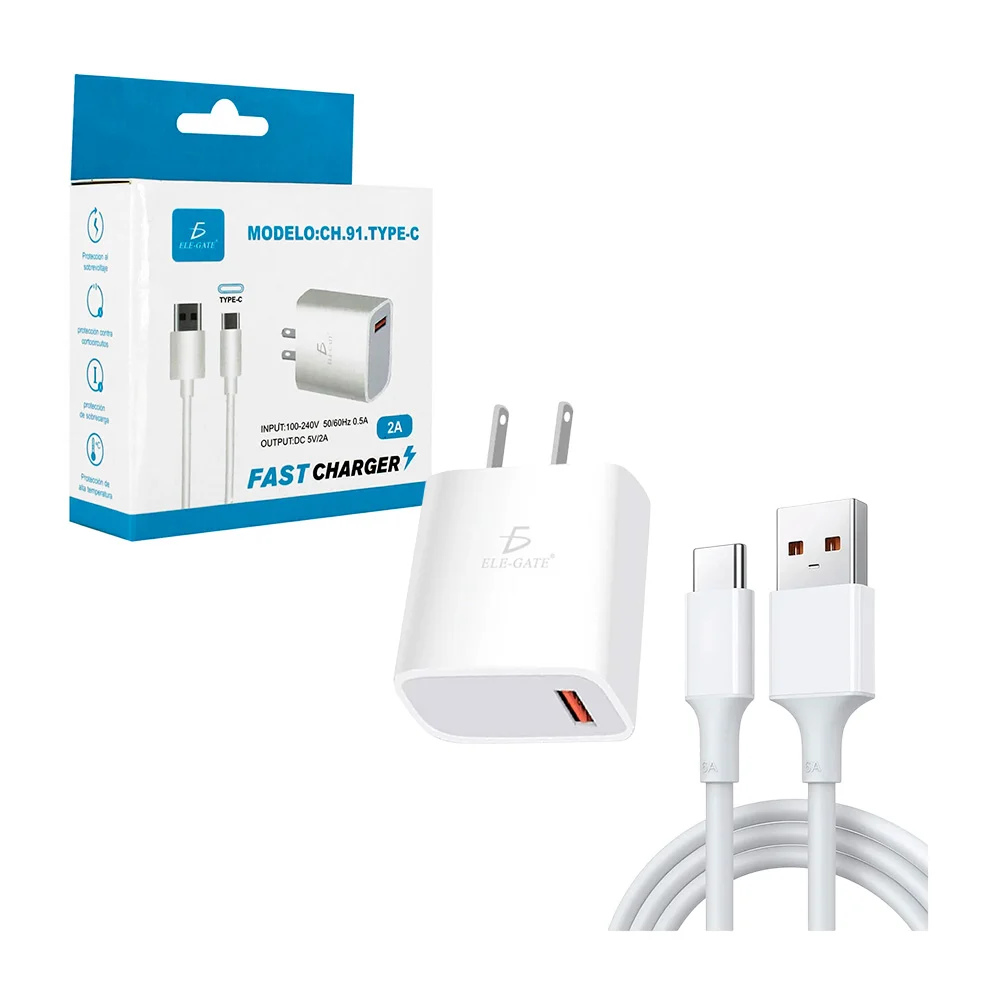 Cargador de carga rápida, 2a, 5v, con cable tipo c ch.91.type-c
