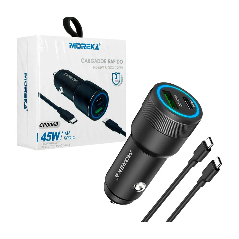 Cargador de carro moreka 45w con entrada usb y tipo-c y cable de 1 me…