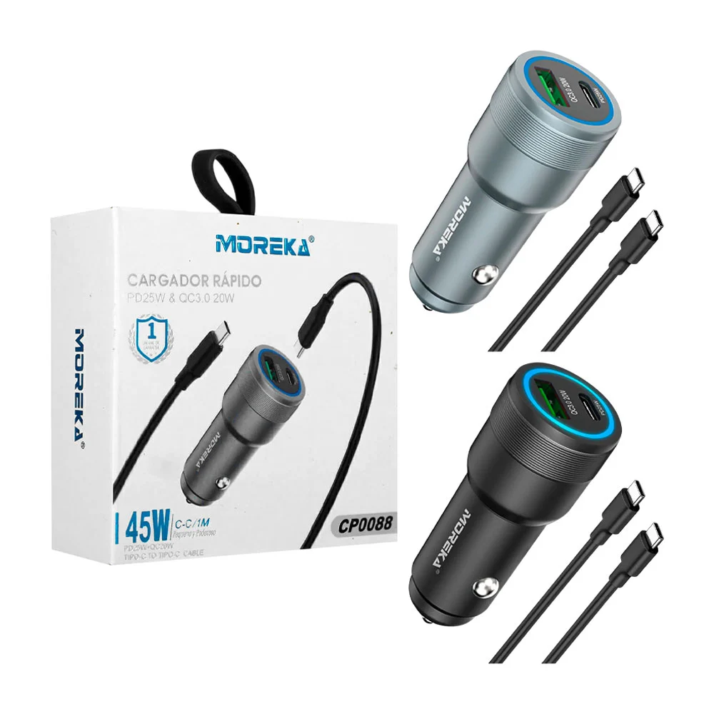 Cargador de carro moreka 45w con entrada usb y tipo-c y cable de 1 me…