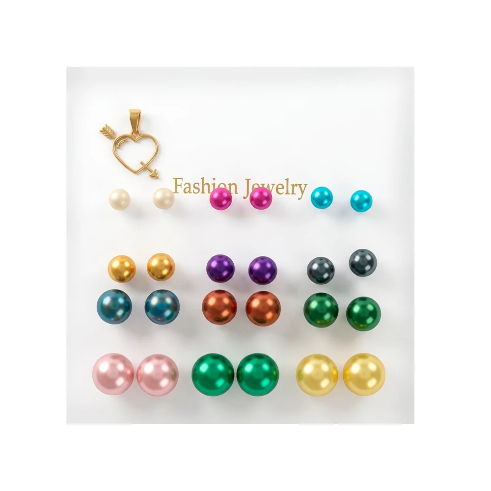 Blíster con 12 pares de aretes fantasía con diseño de perla, variedad…