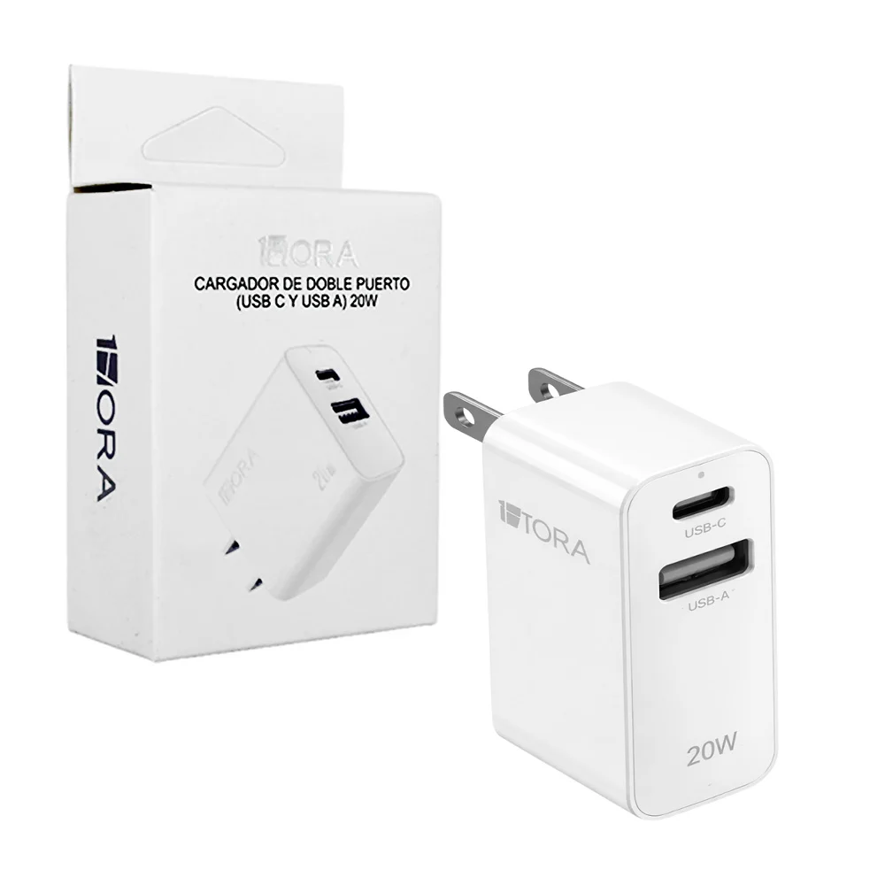 Cubo cargador blanco 1hora con puerto usb y usb-c de 20 watts / pd20w