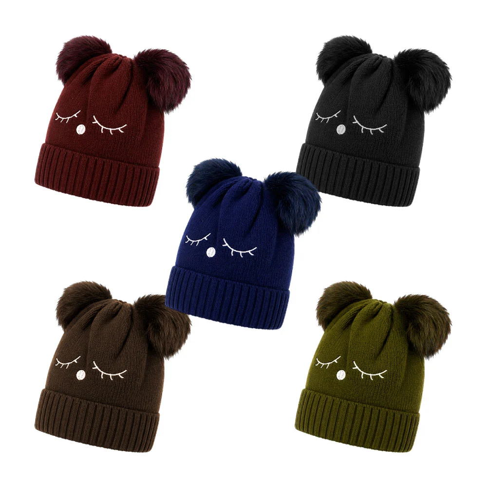 1pza Gorro tipo tejido con orejas tipo ponpóm y ojos de animales, var…