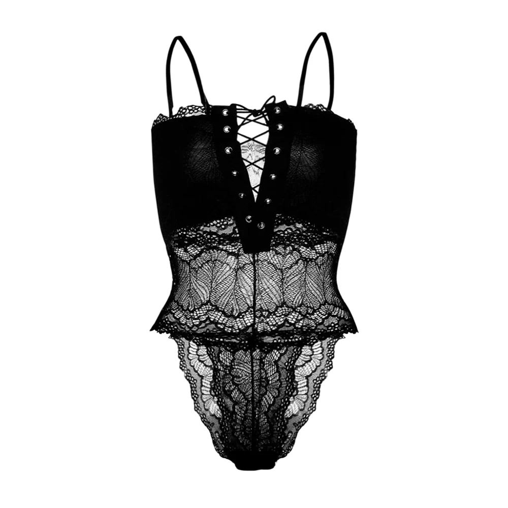 Conjunto lencería tipo babydoll de encaje en color negro con medias / jiu-12045