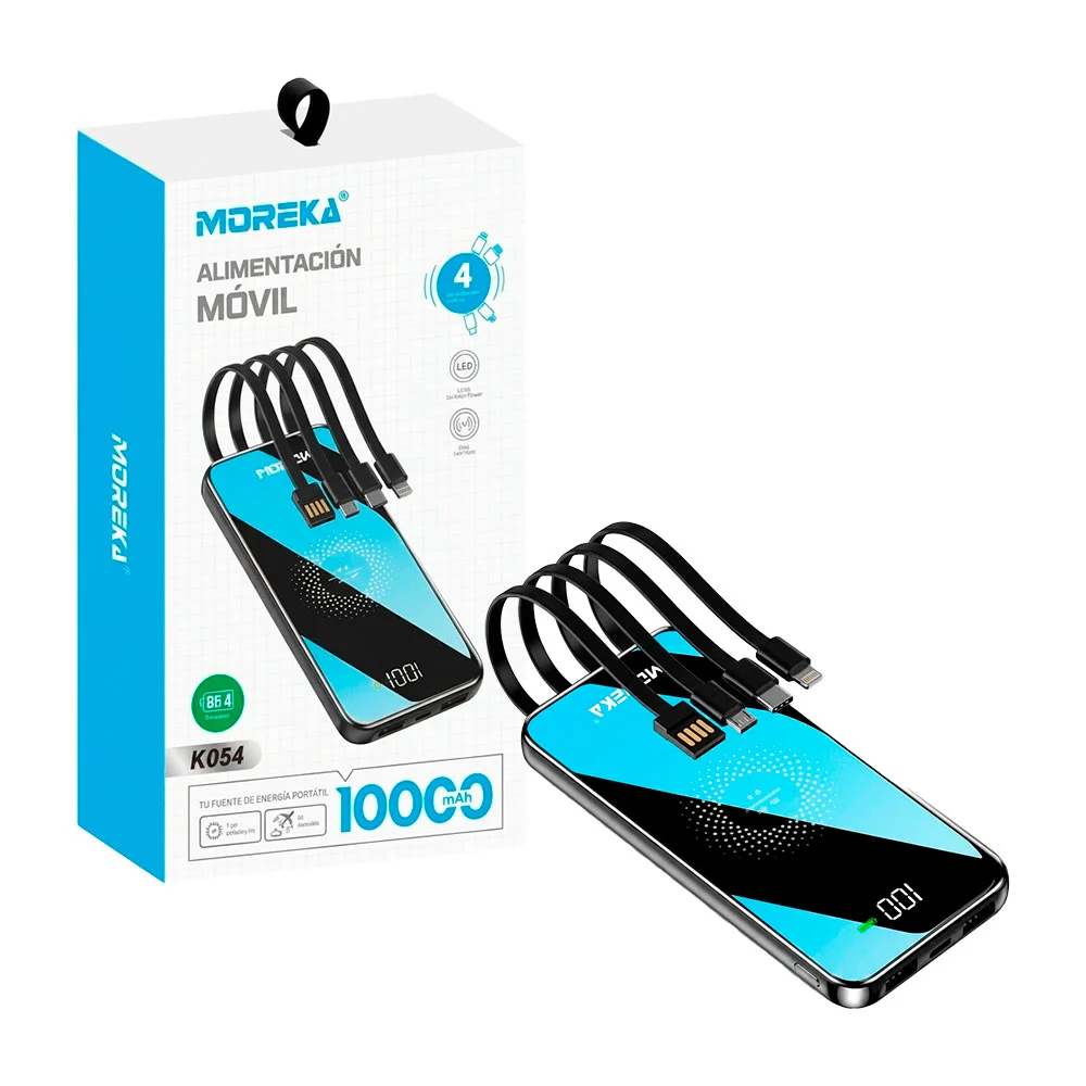 Power bank moreka 10000mah con salida usb, tipo c, v8, lightning / k0…