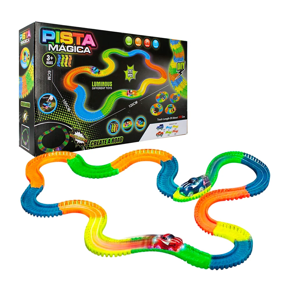 Pista mágica luminosa + carrito con luces, 217 pzas, 300cm / kq212119