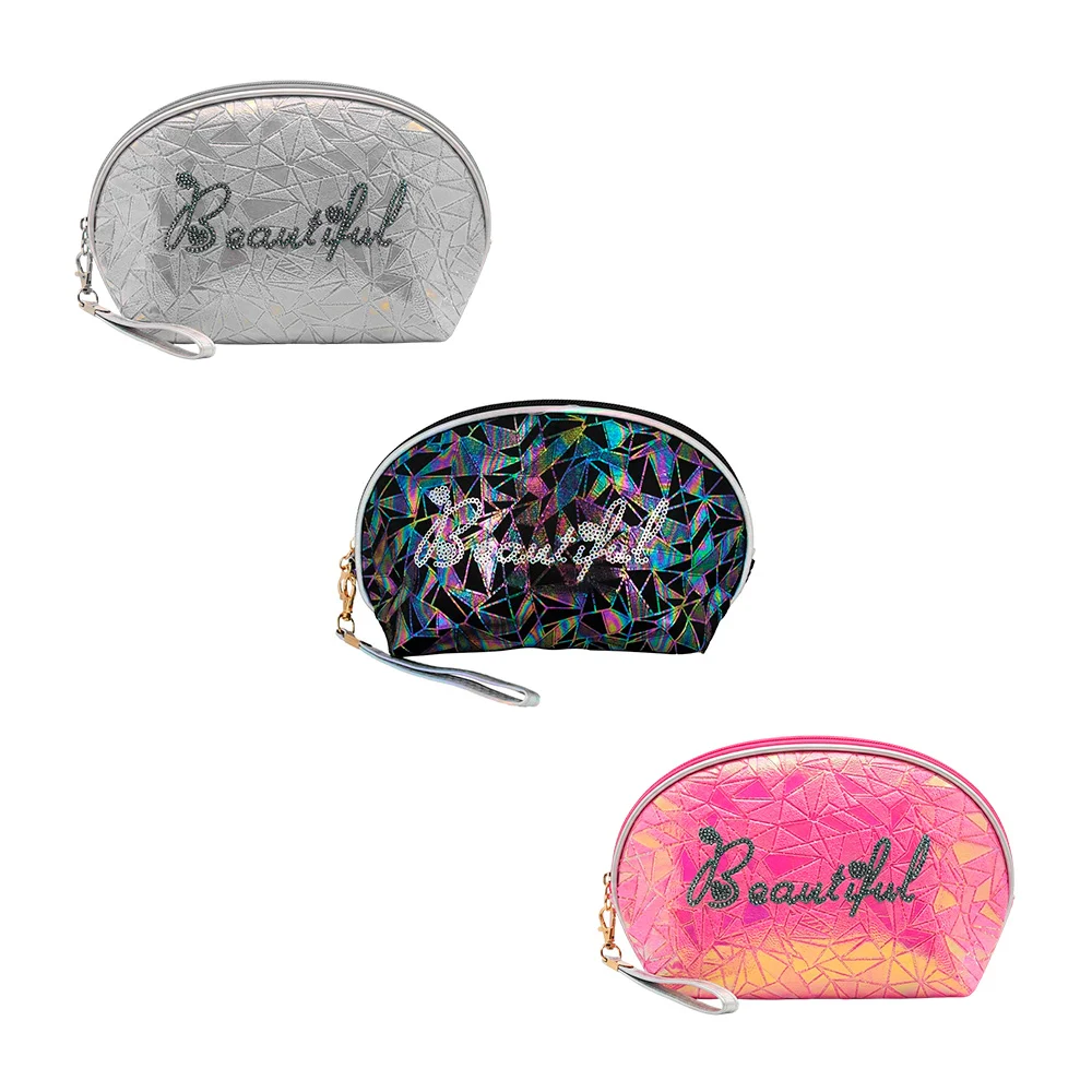 Bolsa cosmetiquera con diseño poligonal bicolor tornasol y frase beau…