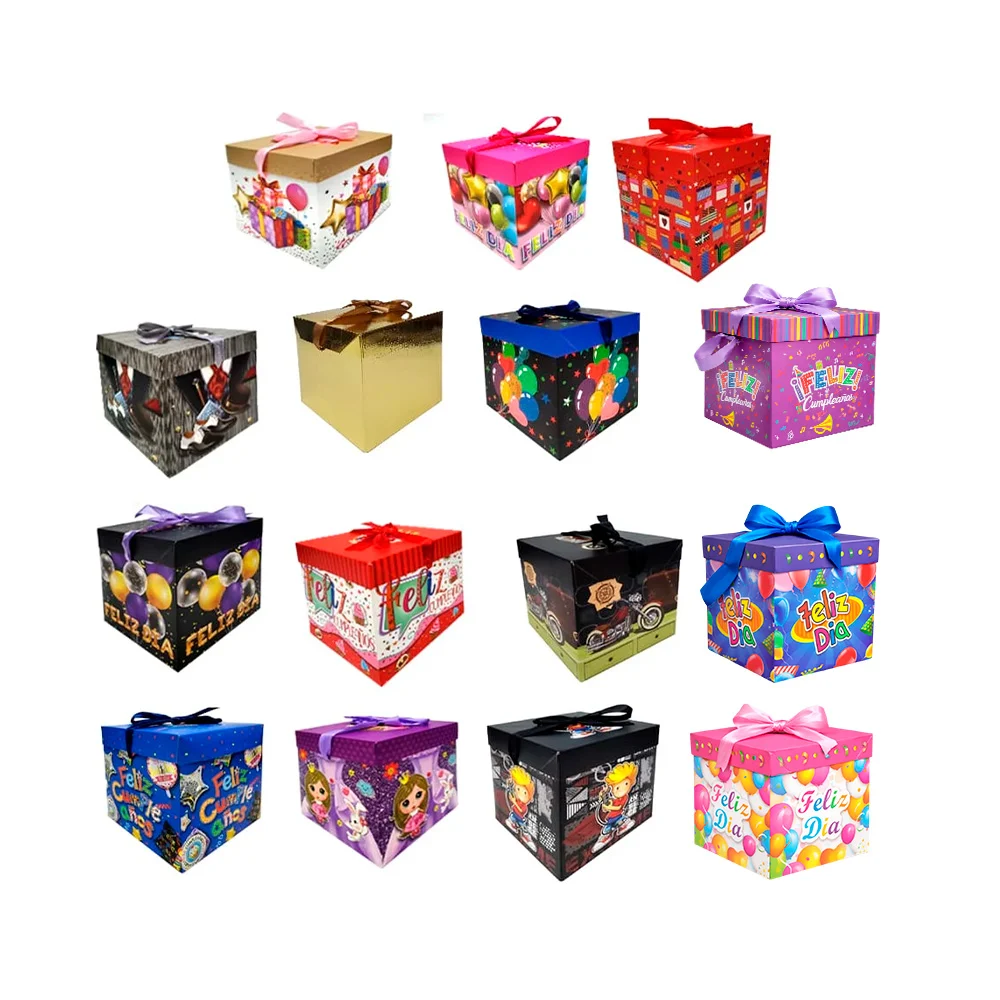 Caja armable, de regalo, mediana, con listón moño 15x15x15cm, varieda…