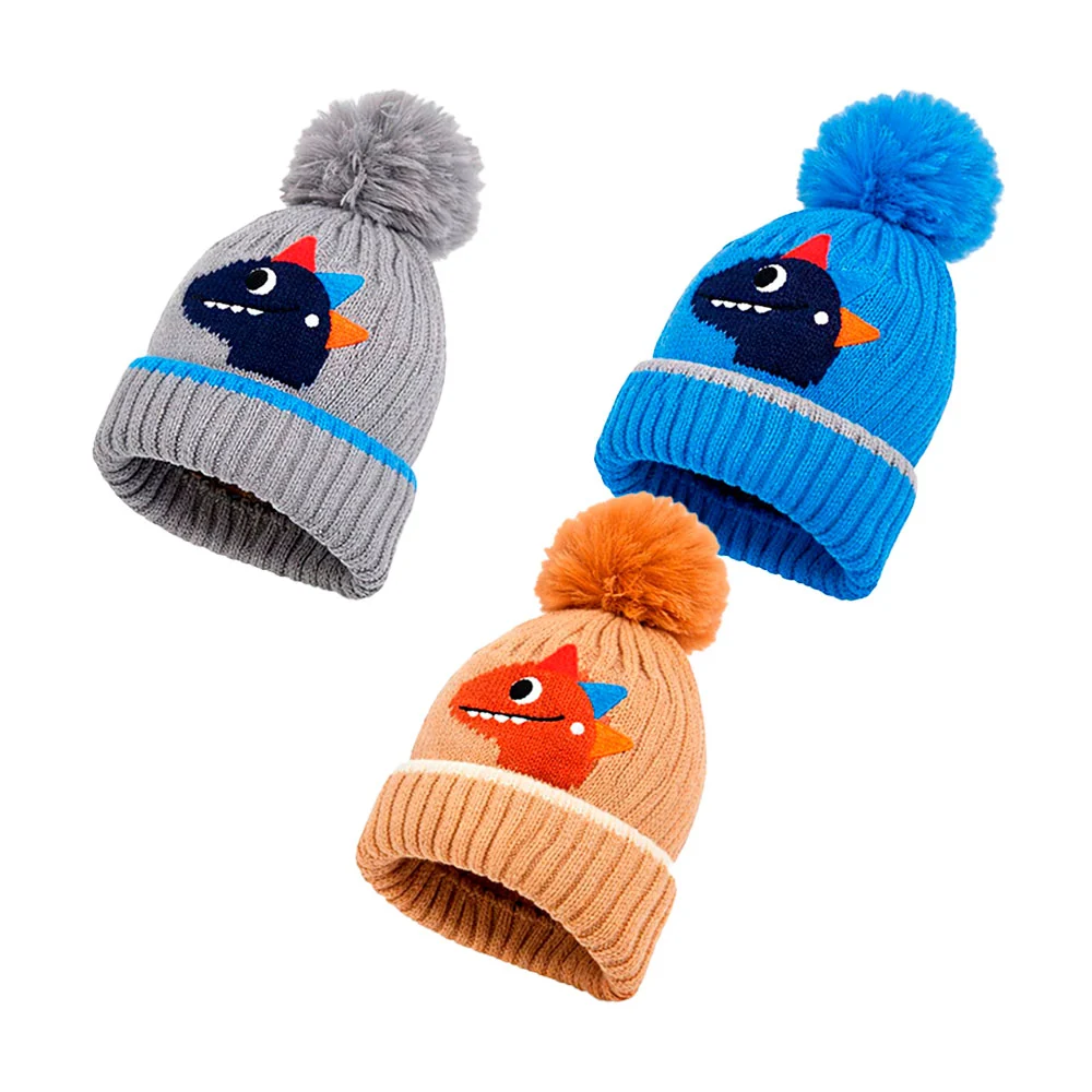 1pza Gorro infantil afelpado tipo tejido con pompón y diseño de dinos…