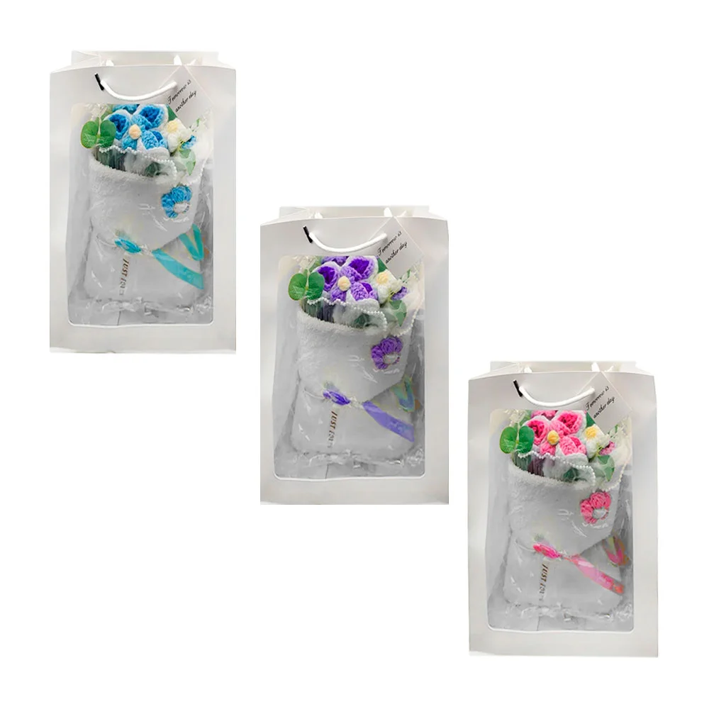 Bolsa de regalo con tira de luz led + ramo de flores tejidas y base e…