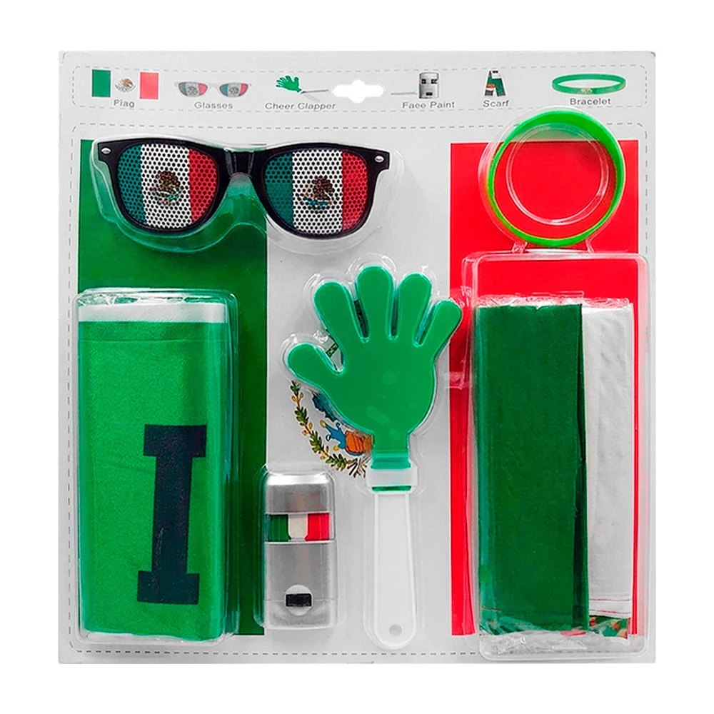 Blíster con accesorios de afición mexicana, bandera, lentes, pulsera …