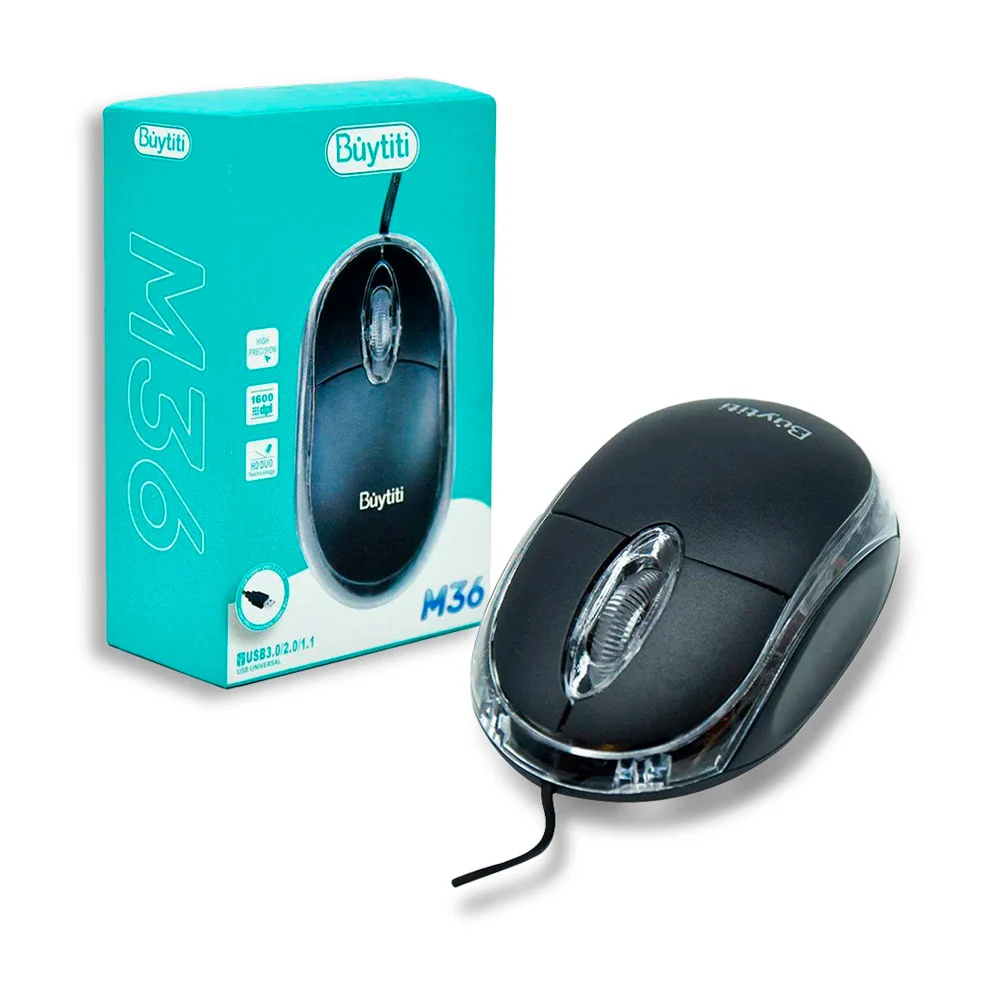 Mouse alámbrico buytiti, con diseño ergonómico, detalles transparente…
