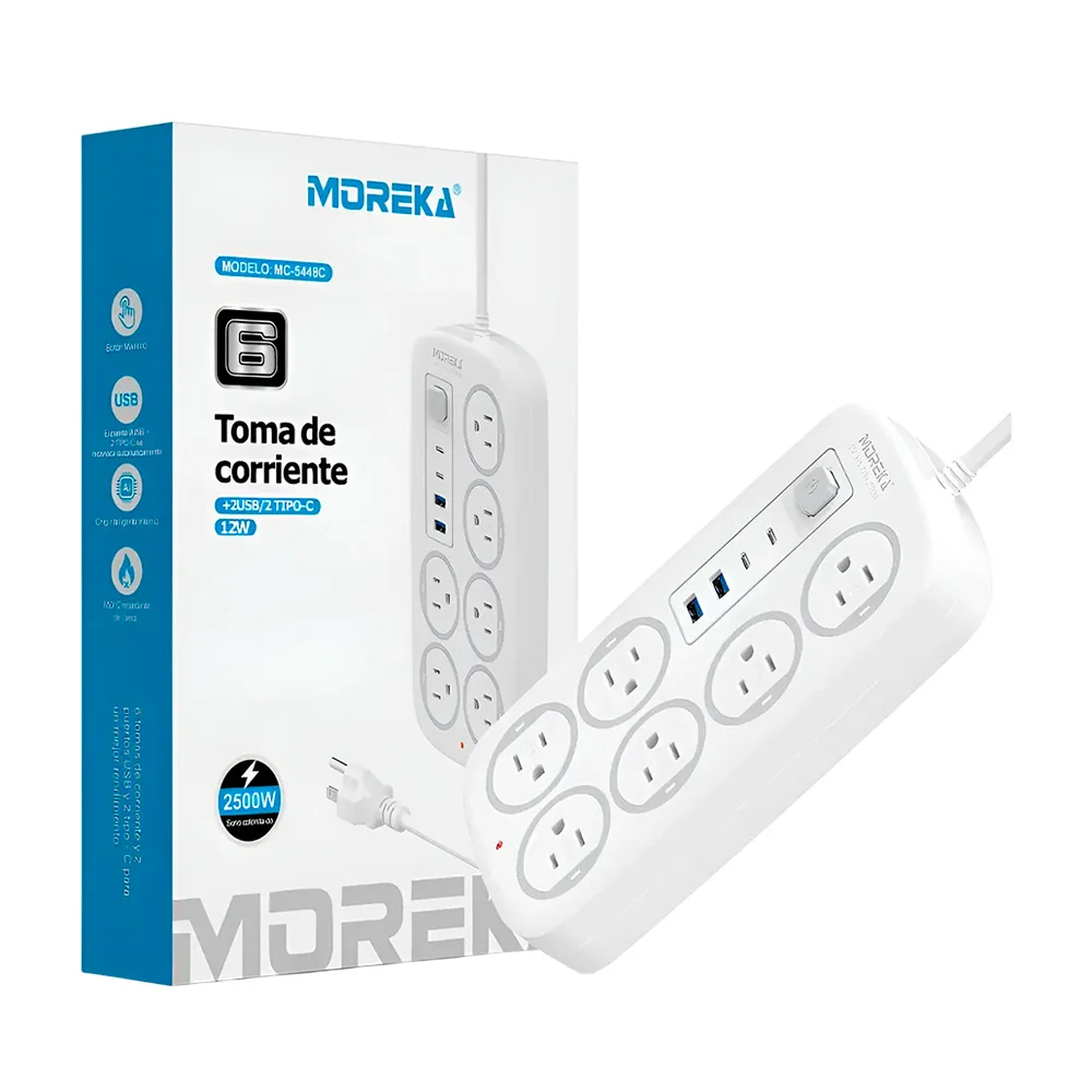 Barra multicontacto moreka con 6 tomacorrientes, 2 puertos usb-c y 2 …