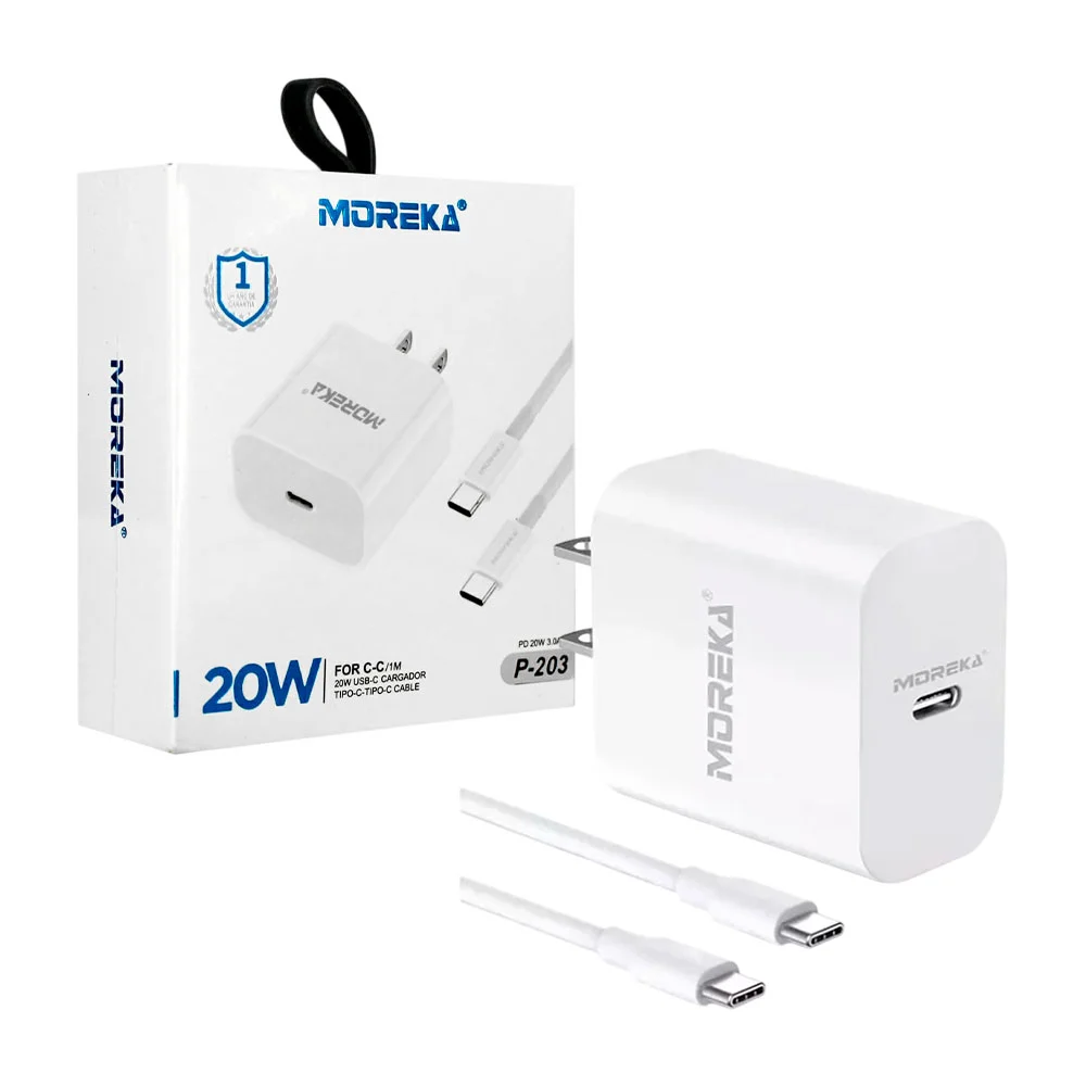 Combo cargador moreka de 1 metro tipo-c a tipo-c de 20w / p-203