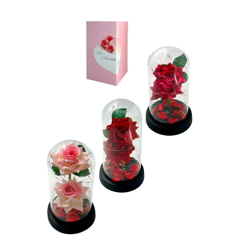 2 Rosas artificiales encapsuladas con tira de luz led y pétalos, 21cm…