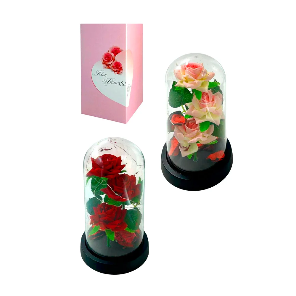 3 Rosas artificiales encapsuladas con tira de luz led y pétalos, 22cm…