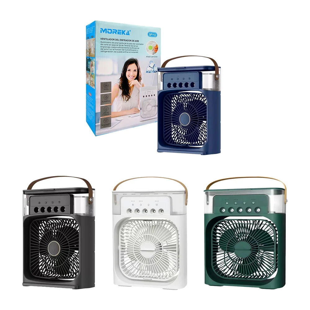 Ventilador moreka pequeño con humidificador, 3 velocidades, luz led y…