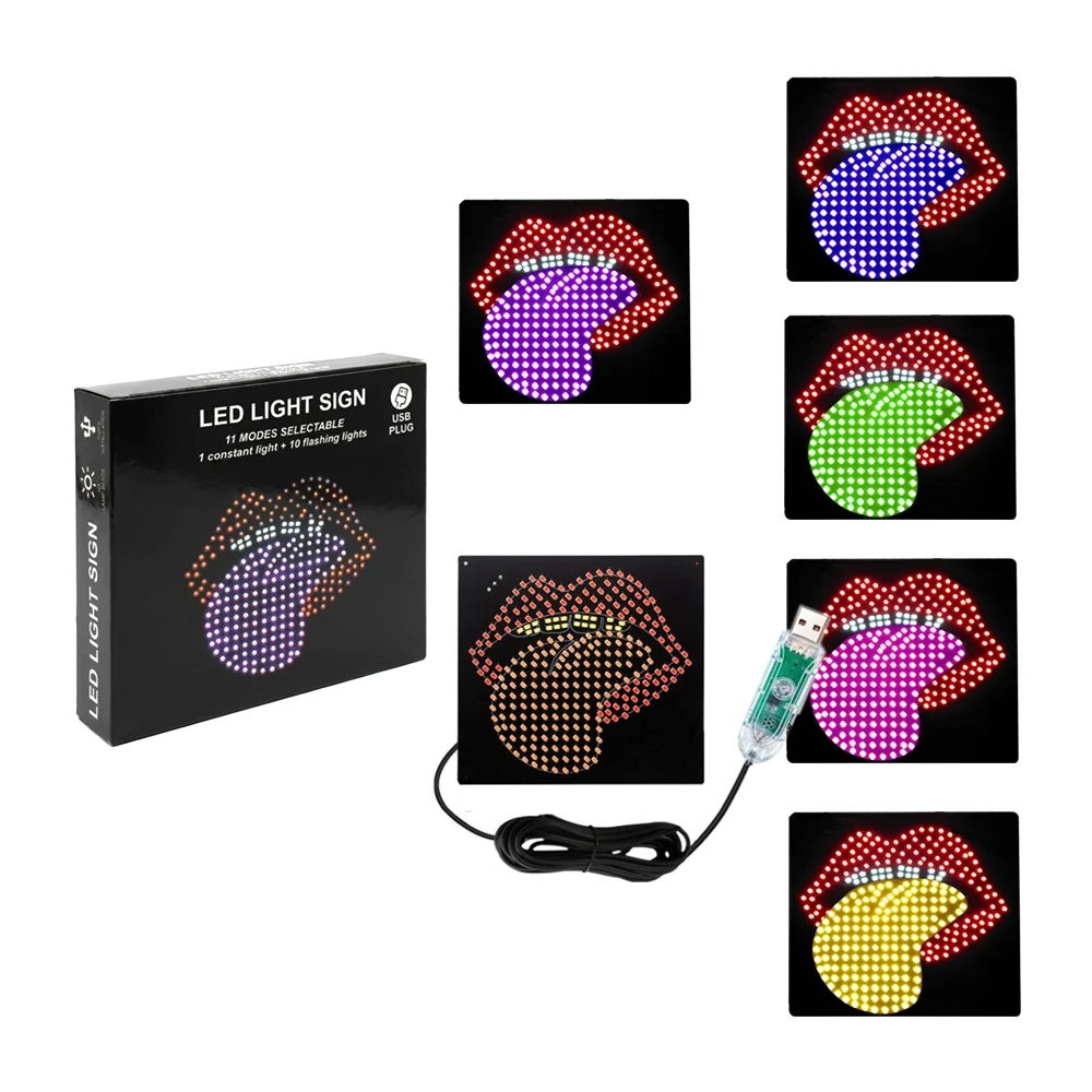 Letrero luminoso de 14x13cm y diseño de labios, 1 luz fija + 10 inter…