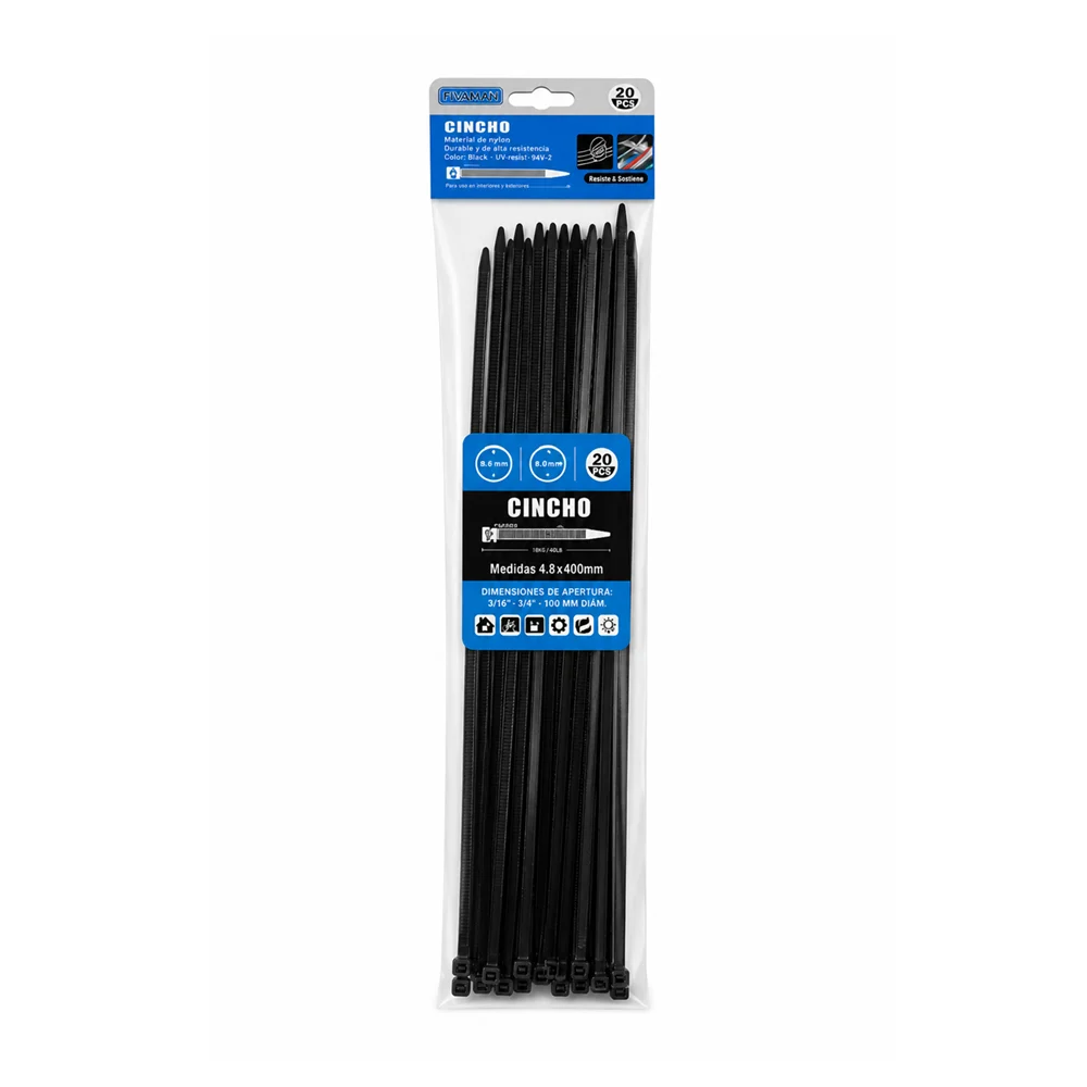 Paquete con 20 cinchos en color negro maxmacia con medidas de 4.8x400…