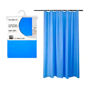 Cortina lisa para baño de plástico en color azul con 12 ganchos, 180c…