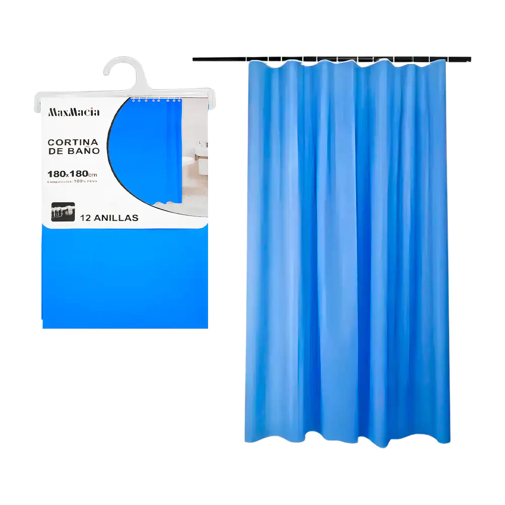 Cortina lisa para baño de plástico en color azul con 12 ganchos, 180c…