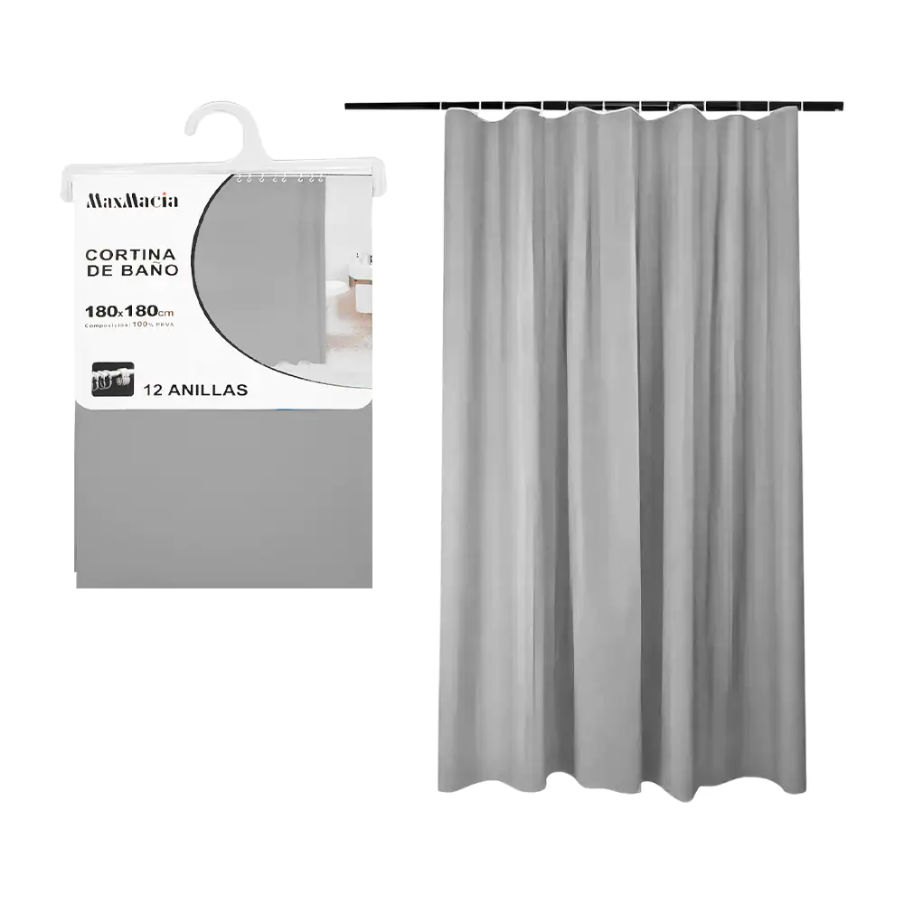 Cortina lisa para baño de plástico en color gris con 12 ganchos, 180c…