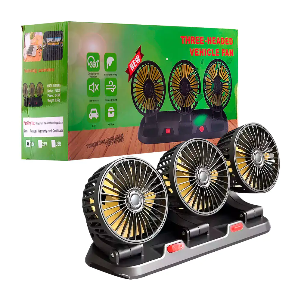 Ventilador con triple cabezal para carro, rotación 360 + botón con 2 …