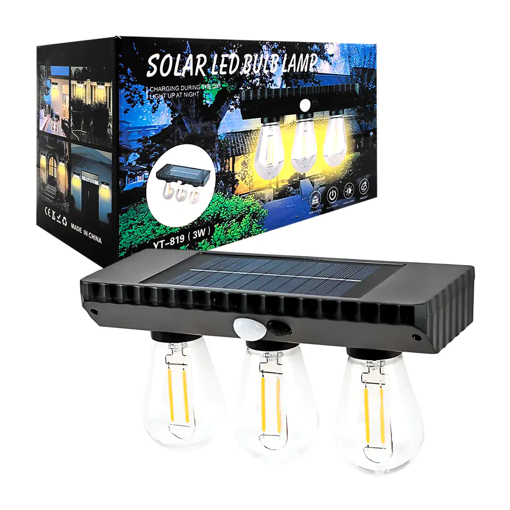 Panel solar con 3 focos para exterior con luz calida + encendido auto…