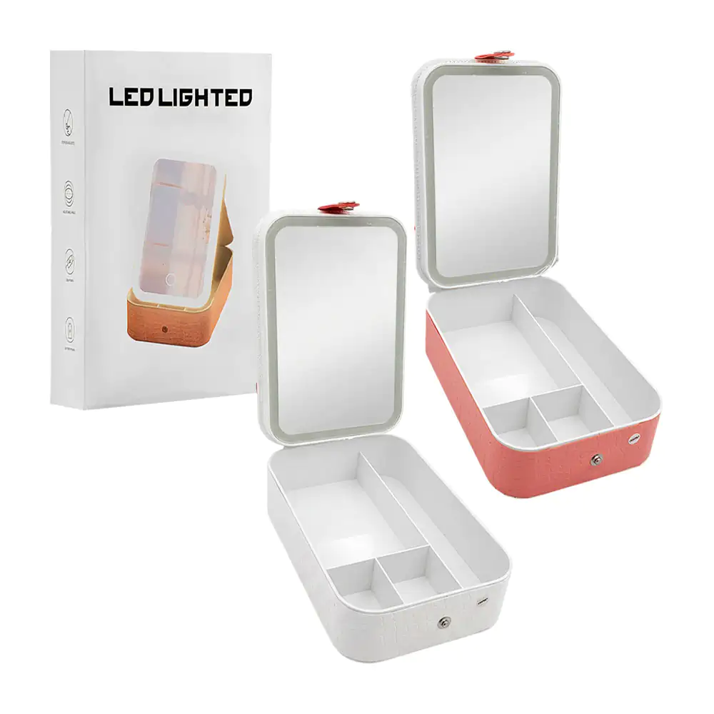 Estuche alhajero 2en1, 4 compartimentos, forro tipo piel + espejo con…
