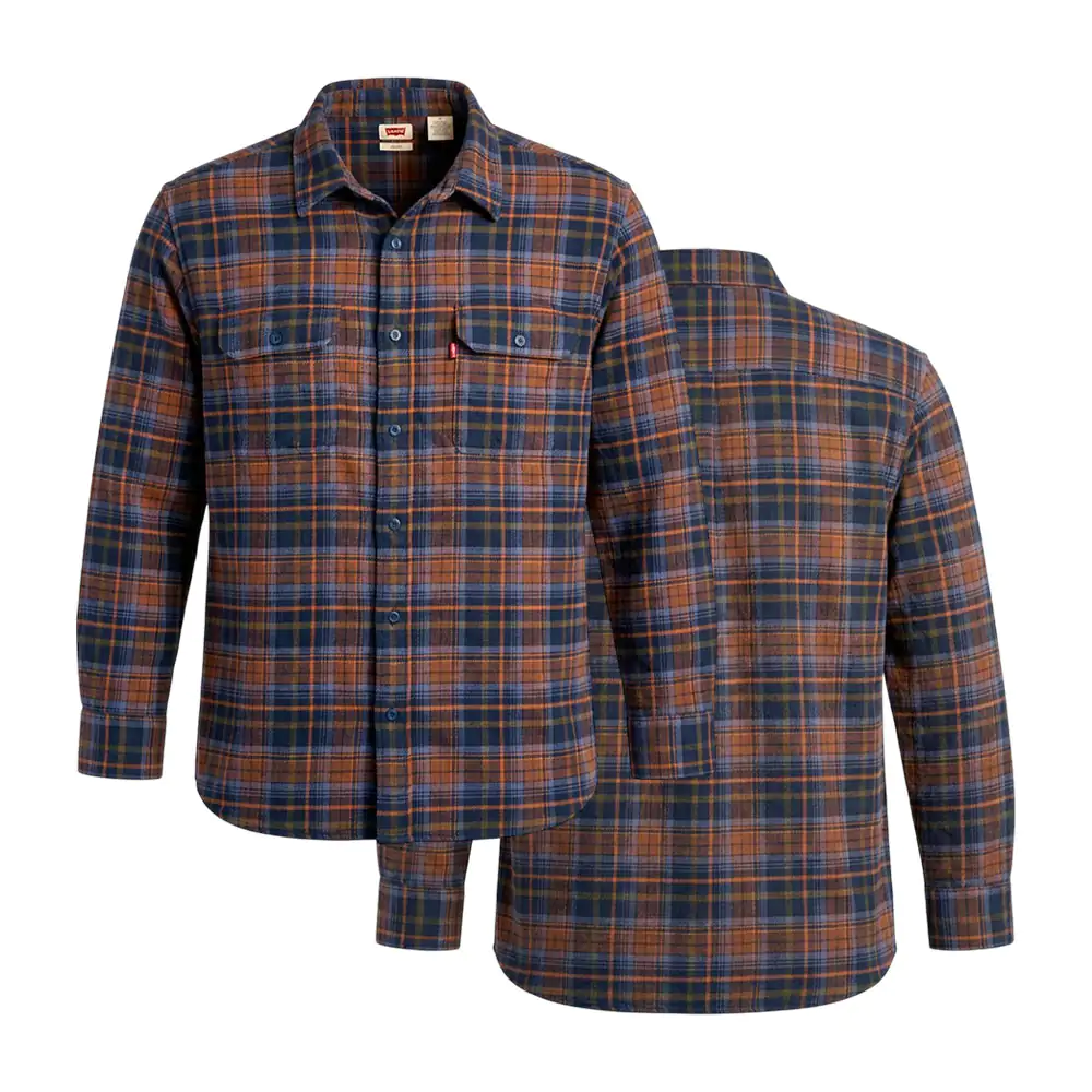 Camisa levis de franela, cuadros chicos azul y naranja, variedad de t…