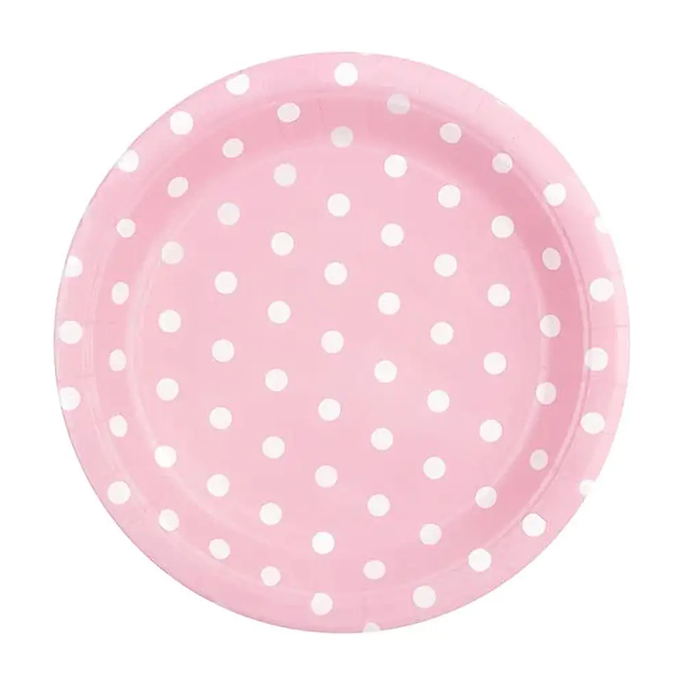 Paquete con 10 platos redondos de papel en color rosa con lunares bla…