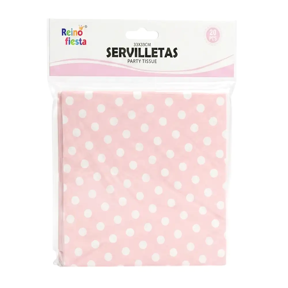 Paquete con 20 servilletas reino fiesta, color rosa con lunares blanc…