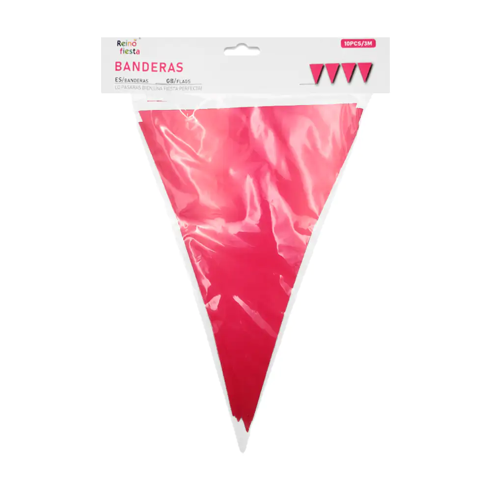 Banner banderín triangular reino fiesta con 10pz, color fiusha y dise…