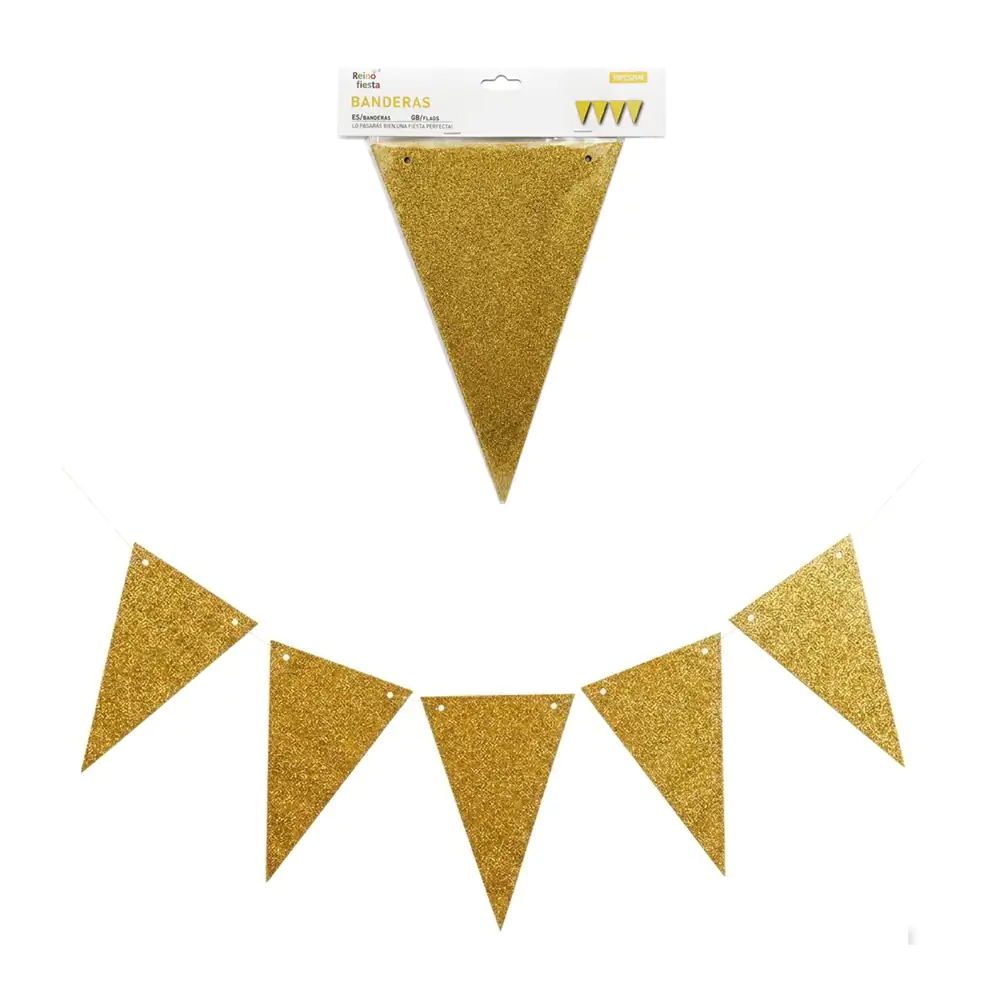 Banner banderín triangular con 10pz en color dorado y con brillantina…