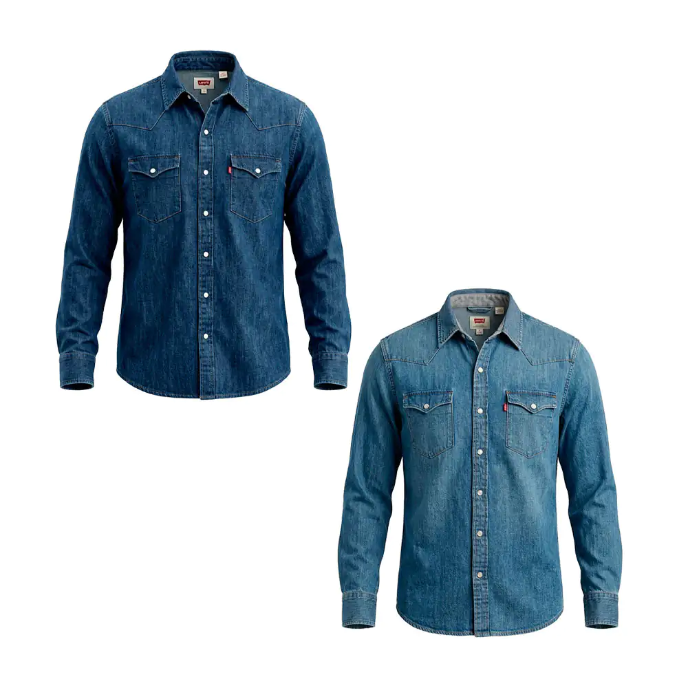 Camisa levis de mezclilla lisa, manga larga con bolsillos, variedad d…