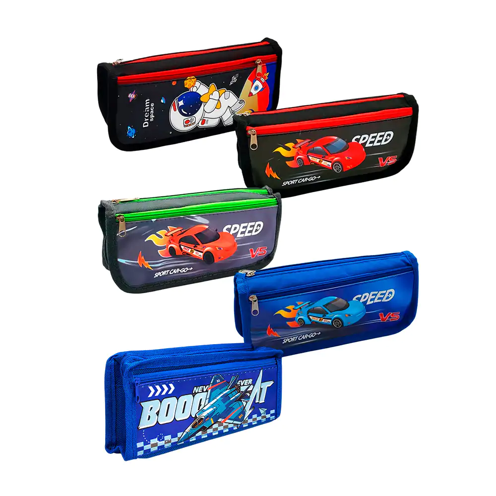 Lapicera de tela con 2 compartimientos y estampado de coches o person…