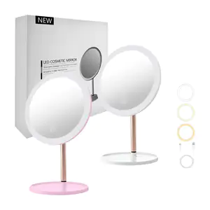 Espejo redondo con luz led + base, 3 modos de iluminación, variedad d…